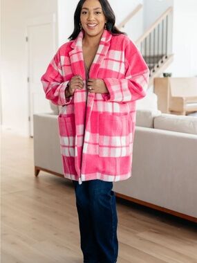 Pink Plaid Open-Front Women’s Coatigan Jacket